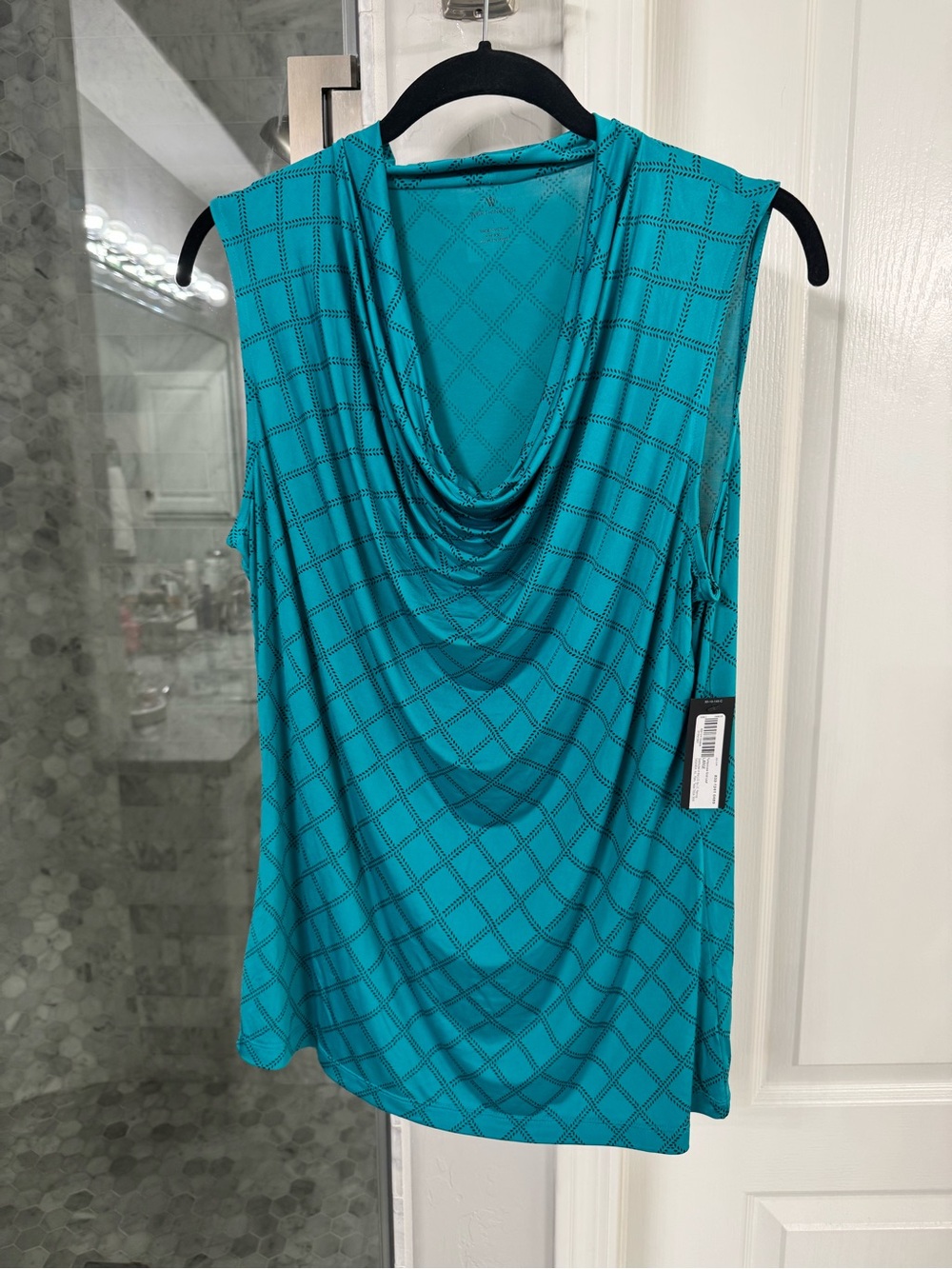 Worthington Turquoise Black Grid Cowl Neck Sleeveless Top Large NWT